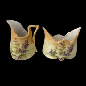 ANTIQUE VICTORIAN FLORAL TRANSFERWARE CREAMER & OPEN SUGAR BOWL SET